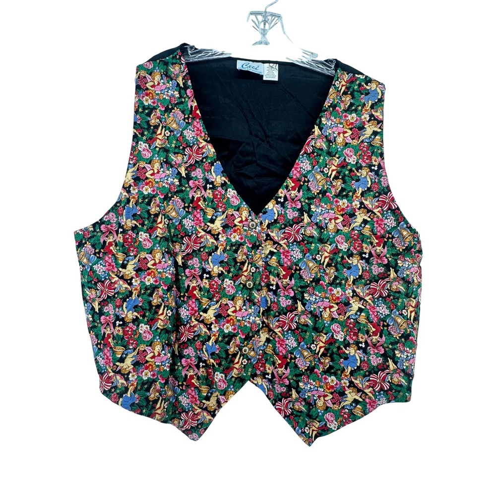 Ceci Vintage Cherub Floral Christmas‎ Vest Plus Size 2X Cotton Holiday Novelty